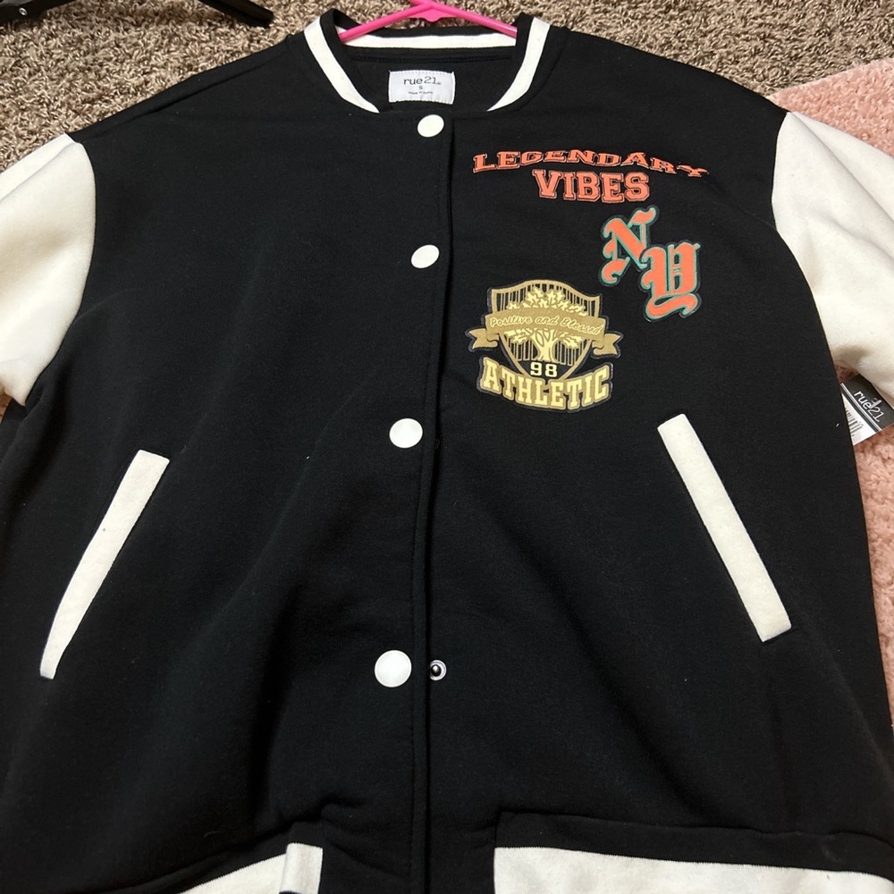 Button up varsity jacket from rue 21. Black orange and green